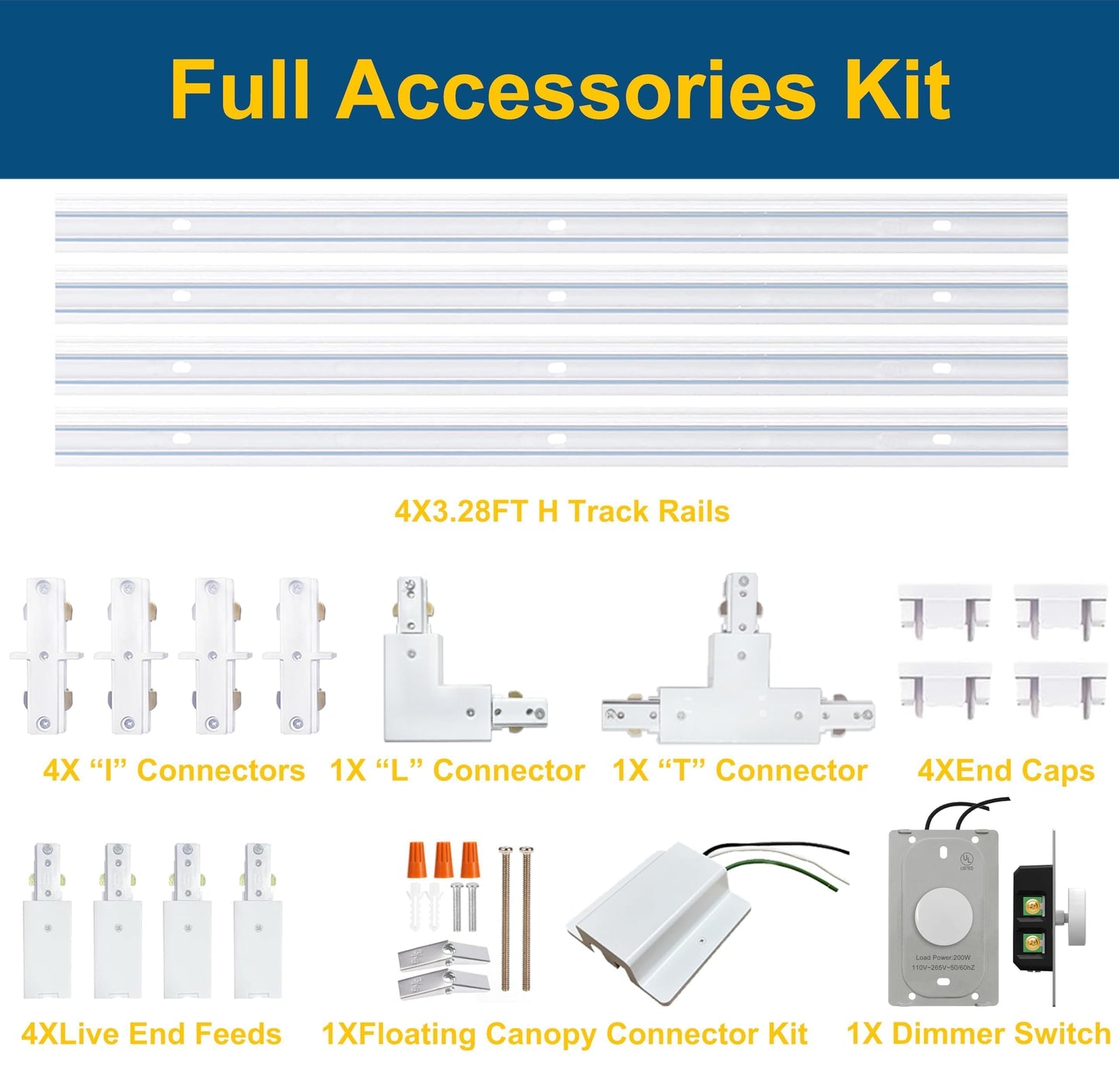Bravsekai H Track Lighting Rails & Accessories Kit with Dimmer Switch, 13FT White Track Rails for H Type LED Track Lighting Fixtures