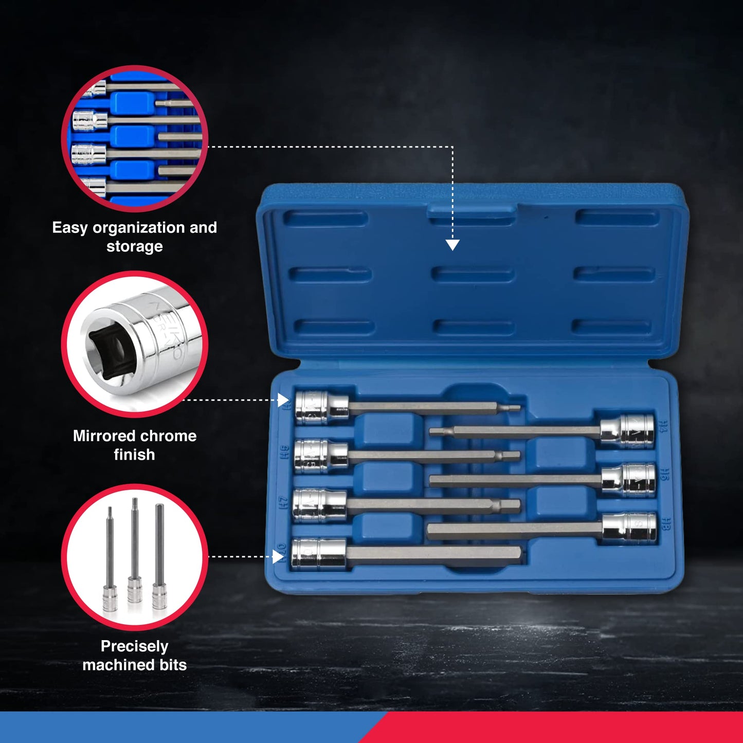 Neiko 10076A 3/8-Inch Drive Extra Long Allen Hex Bit Socket Set, Metric, 3 mm - 10 mm | S2 and Cr-V Steel, 7-Piece Set