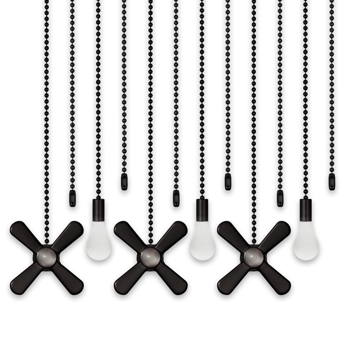 ELFCAB 6-Piece Ceiling Fan Pull Chain Set with 3mm Beaded Balls, 12 Pull Loop Connectors & 3 Extended 36" Chains, Matte Black