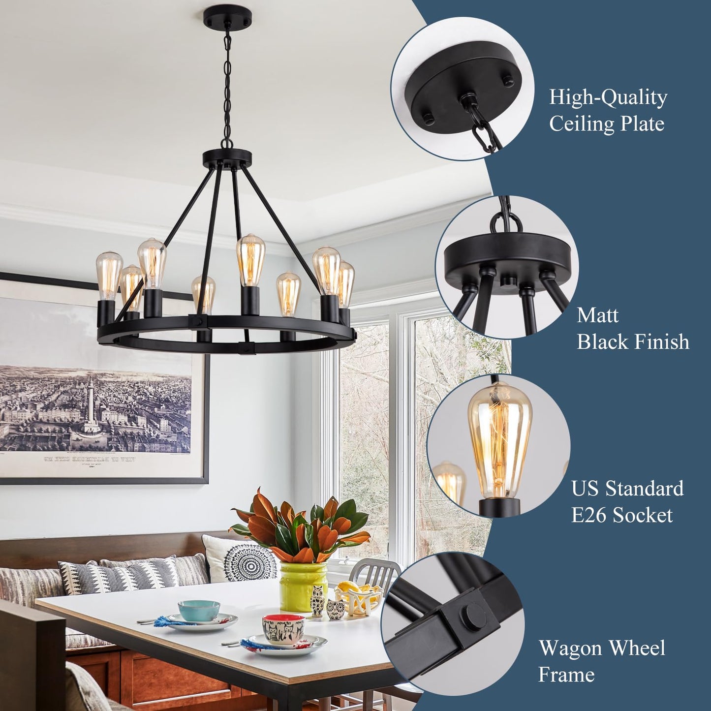 9MMML 23.6" 8-Light Wagon Wheel Chandelier, Black Industrial Vintage Pendant Light for Kitchen, Dining, Living Room, Height Adjustable