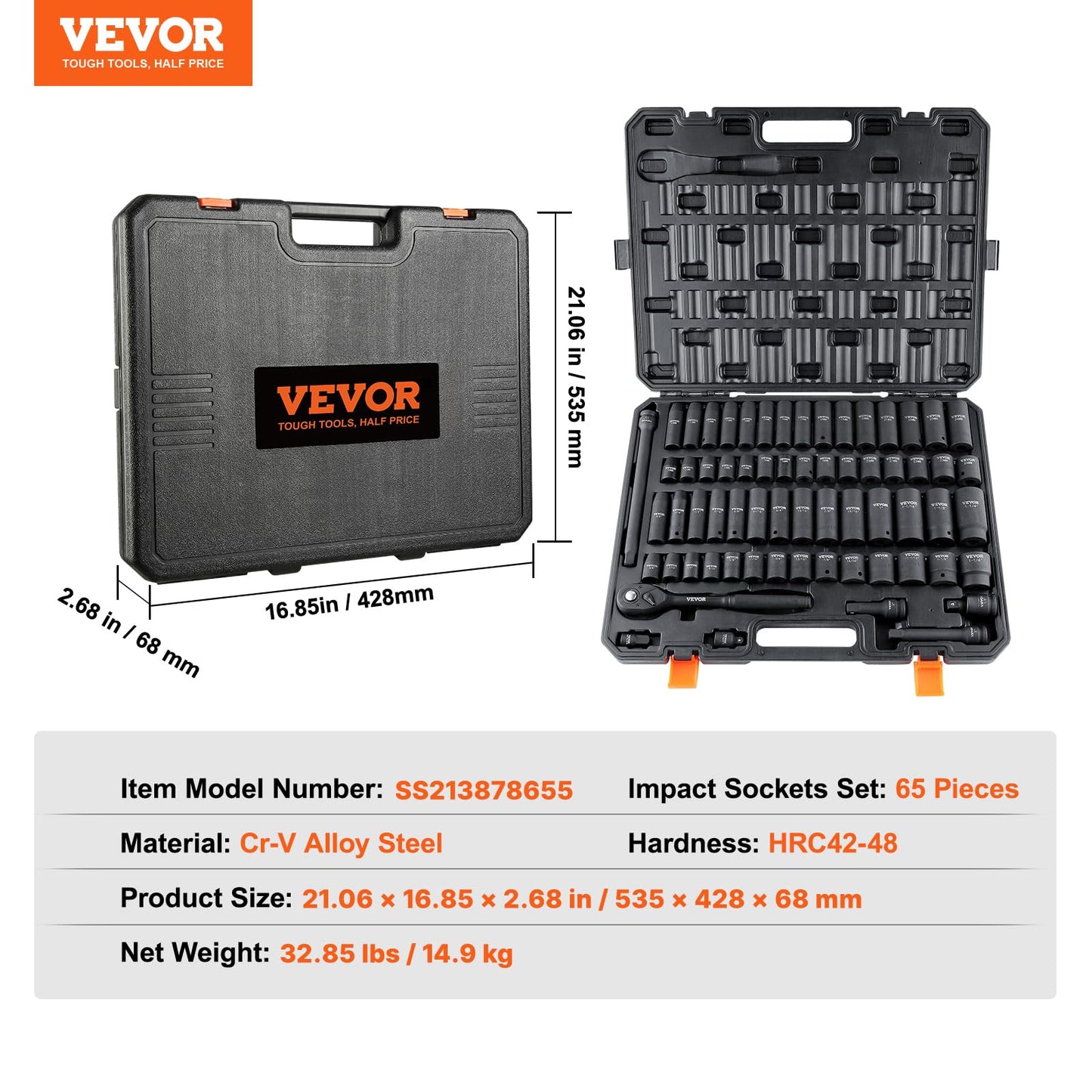 VEVOR 65-Piece 1/2" Drive Impact Socket Set, SAE & Metric 3/8"-1-1/4"/10-24mm, 6-Point Cr-V Steel, Auto Repair with Case