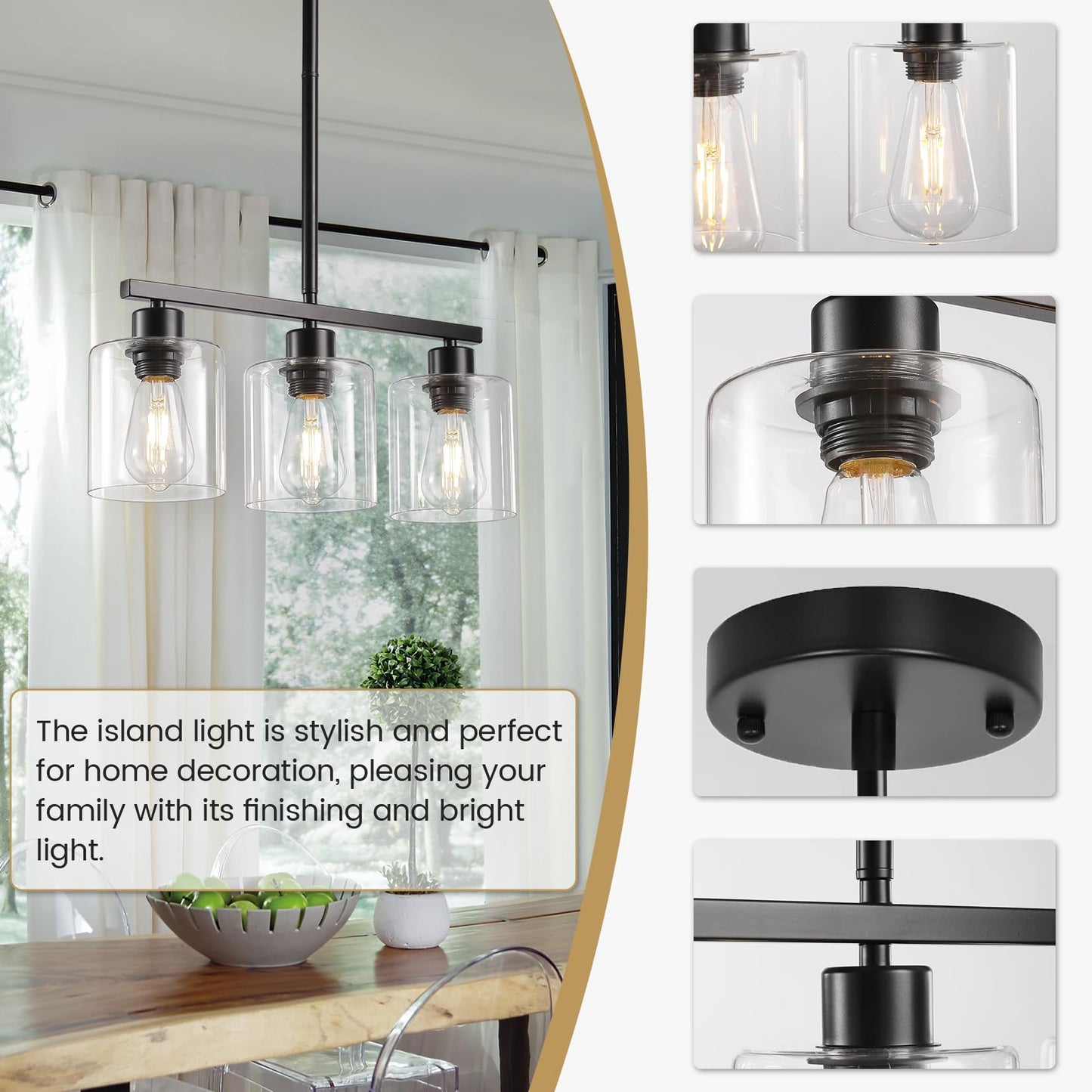 ROCUNSI 3-Light Kitchen Island Pendant Light, Black Farmhouse Hanging Fixture with Clear Glass Shades, E26 Base (Bulbs Not Included)