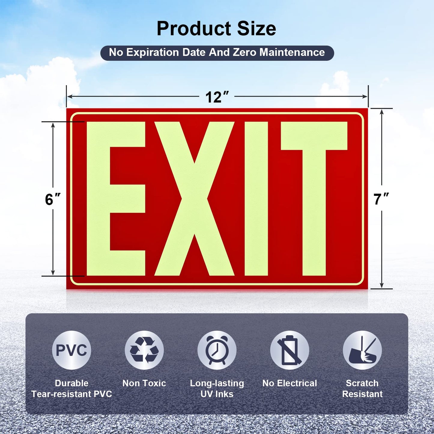 Glow-in-the-Dark Red Exit Sign, 12x7", Non-Electrical, UV Ink, Tear-Resistant PVC, Adhesive Backing, Scratch Resistant, 2 Pack