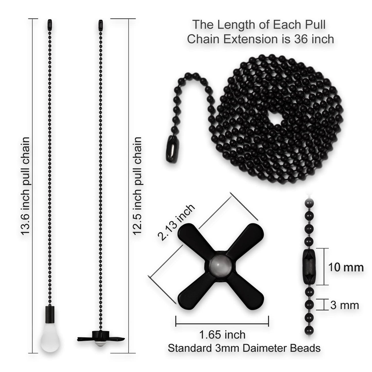 ELFCAB 6-Piece Ceiling Fan Pull Chain Set with 3mm Beaded Balls, 12 Pull Loop Connectors & 3 Extended 36" Chains, Matte Black