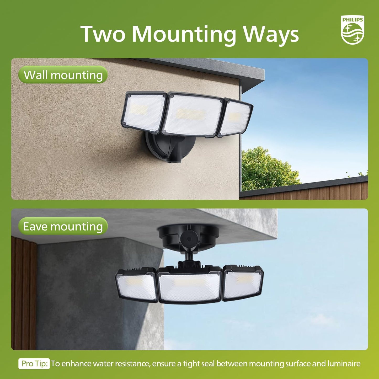 Philips 72W 7400LM LED Outdoor Flood Light, 3 Adjustable Heads, Switch Controlled, Waterproof Aluminum Security Light, 5000K Daylight