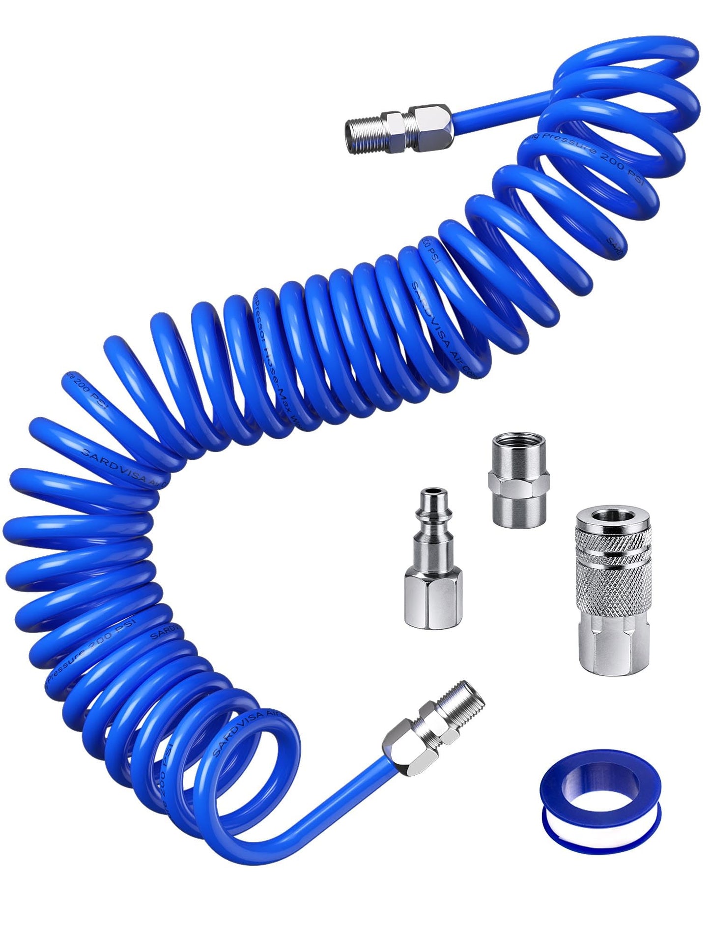 SARDVISA 25ft PU Recoil Air Hose, 1/4" NPT Quick Coupler & I/M Plug Kit, Repairable, 200PSI Max, Industrial Air Compressor Hose