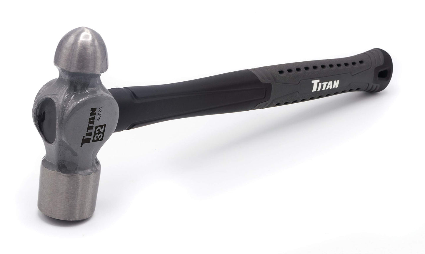 Titan 63024 32oz Ball Pein Hammer, Forged Steel Head, 14.5" Shock Absorbing Fiberglass Handle with Textured Rubber Grip