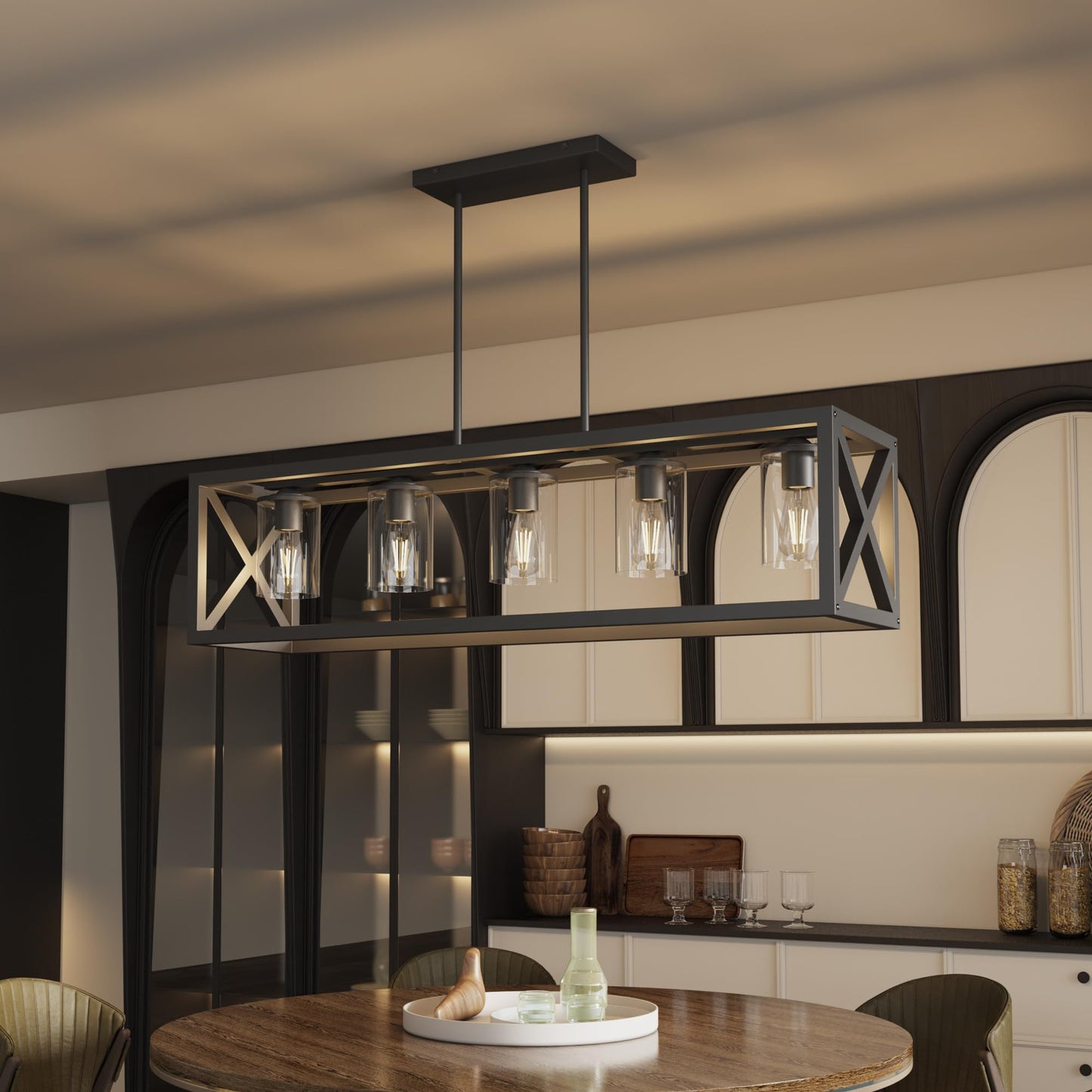 Espird Farmhouse 5-Light Dining Room Chandelier, Matte Black Rectangle Island Light, Adjustable Height Metal Fixture