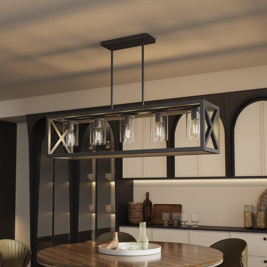 Espird Farmhouse 5-Light Dining Room Chandelier, Matte Black Rectangle Island Light, Adjustable Height Metal Fixture
