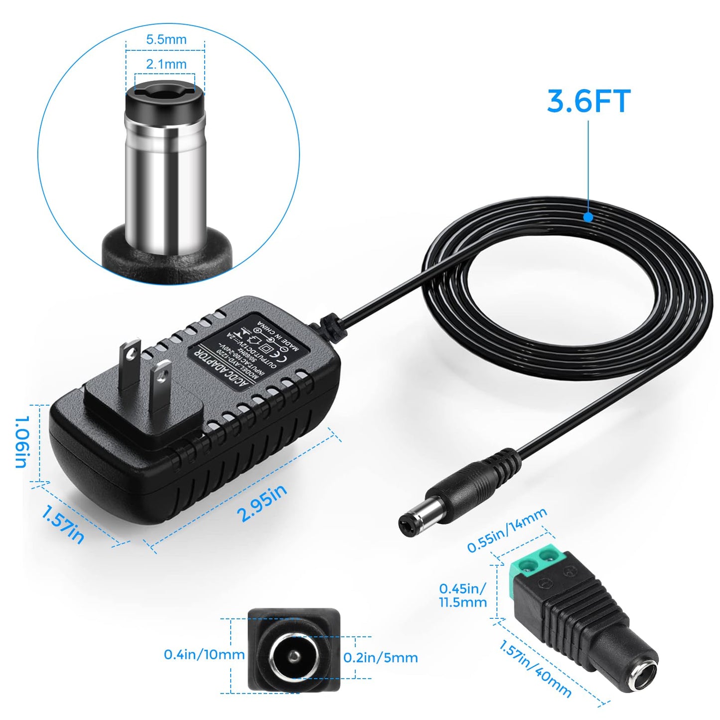 LightingWill 12V Power Supply Adapter, 24W 2A AC 110V to DC 12V Transformer, Wall Plug with 5.5×2.1mm DC Connector for 12V Devices