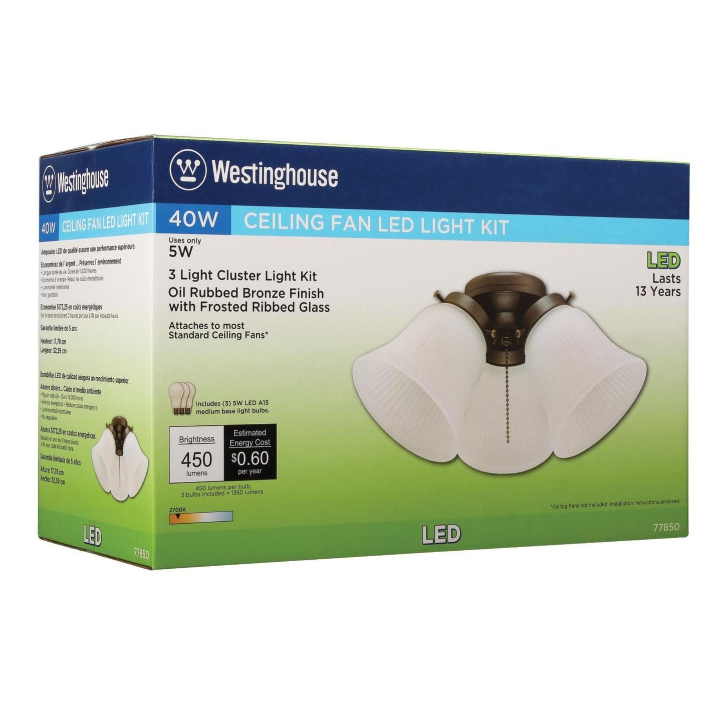 Westinghouse 7785000 Three-Light Led Cluster Ceiling Fan Light Kit, Oil Rubbed Bronze Finish with Frosted Ribbed Glass , White