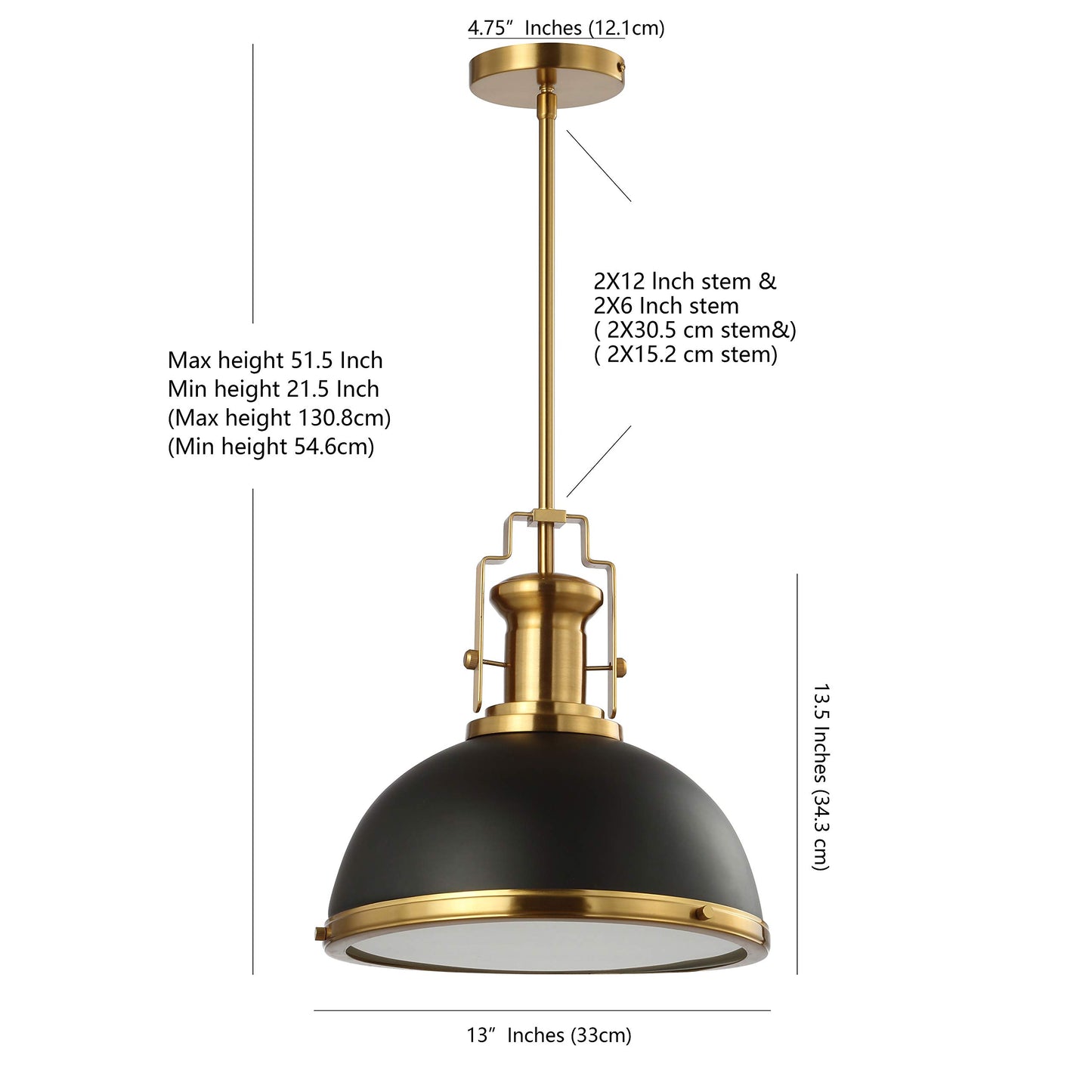 JONATHAN Y JYL9536A 13" Modern Industrial Dome Pendant Light, Black & Brass Gold, Adjustable Hanging Fixture for Kitchen, Dining & Entryway