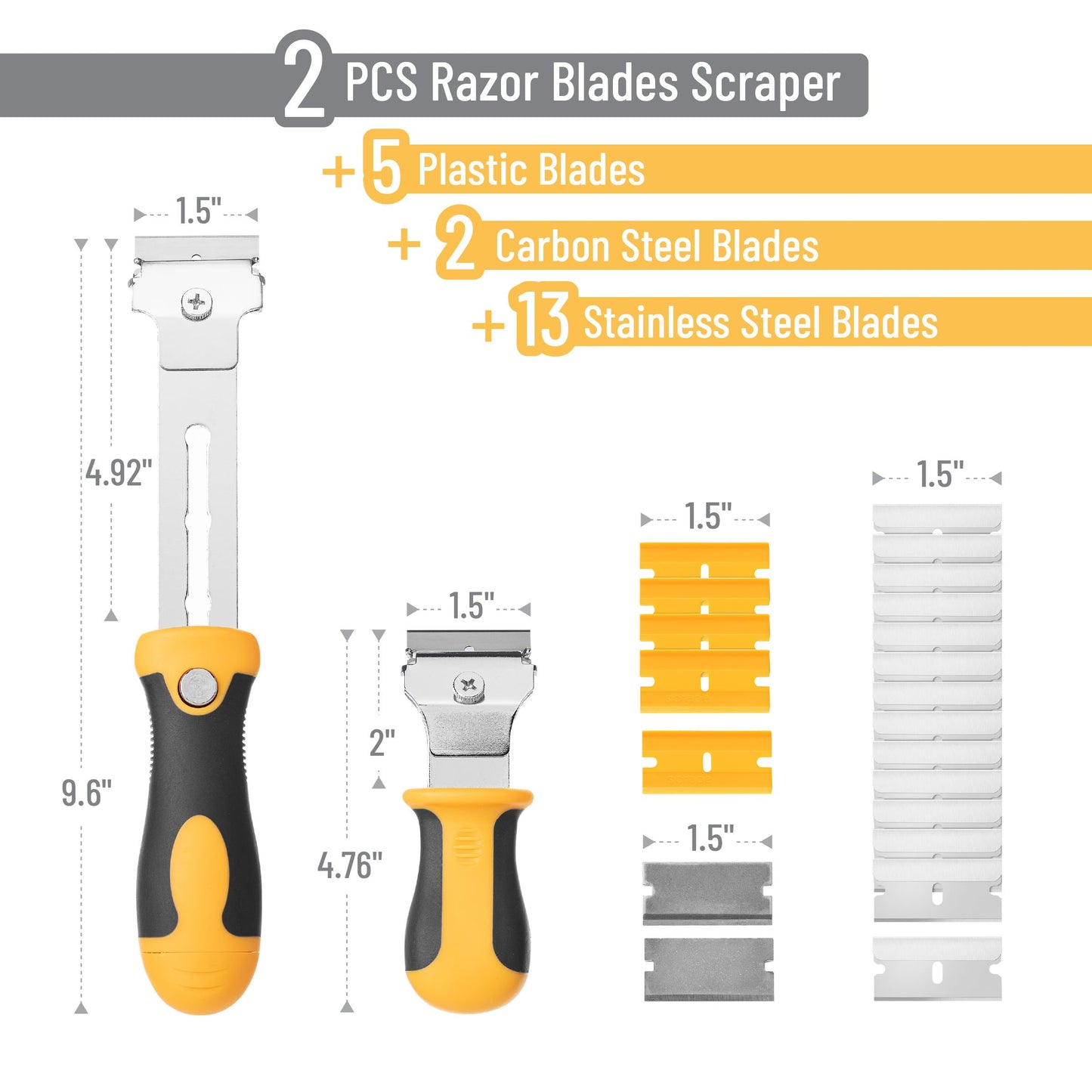 Bates 2-Pack Razor Blade Scraper Set with Adjustable & Standard Handles, 20 Blades, Stainless, Carbon & Plastic Blades, Storage Included