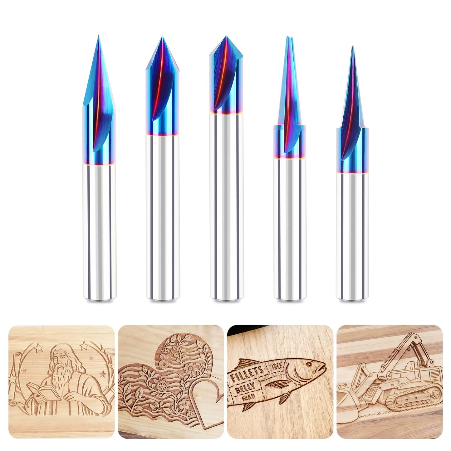 CNC Wood Carving Router Bit - 1/4 Shank, 15/20/30/60/90 Engraving Bits, 2 Flute Straight & V-bit, Blue Nano-Coating Conical Tool