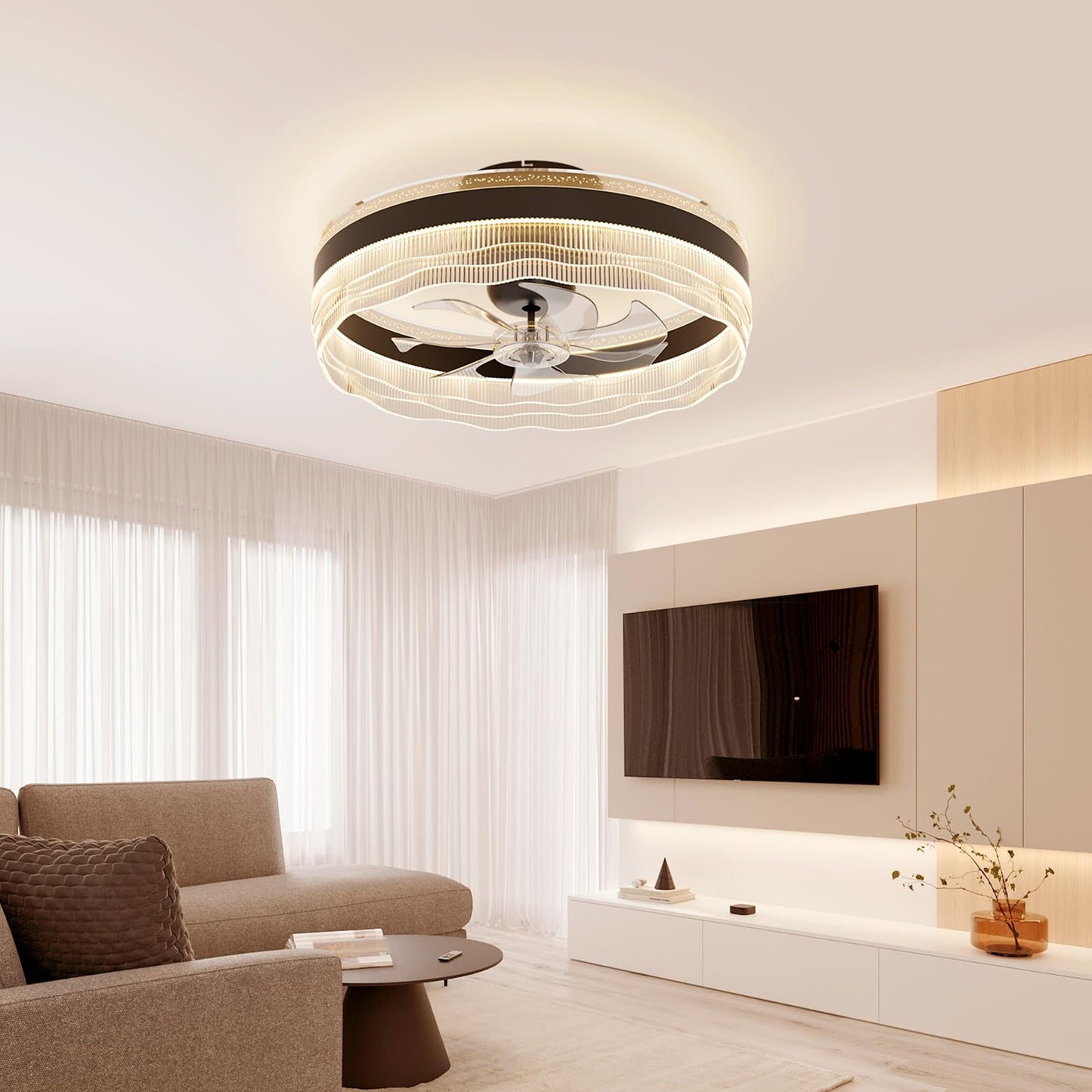 Kejector 20" Low Profile Ceiling Fan with Light, Bladeless Flush Mount LED Fandelier, Remote & App Control, 360° Oscillation