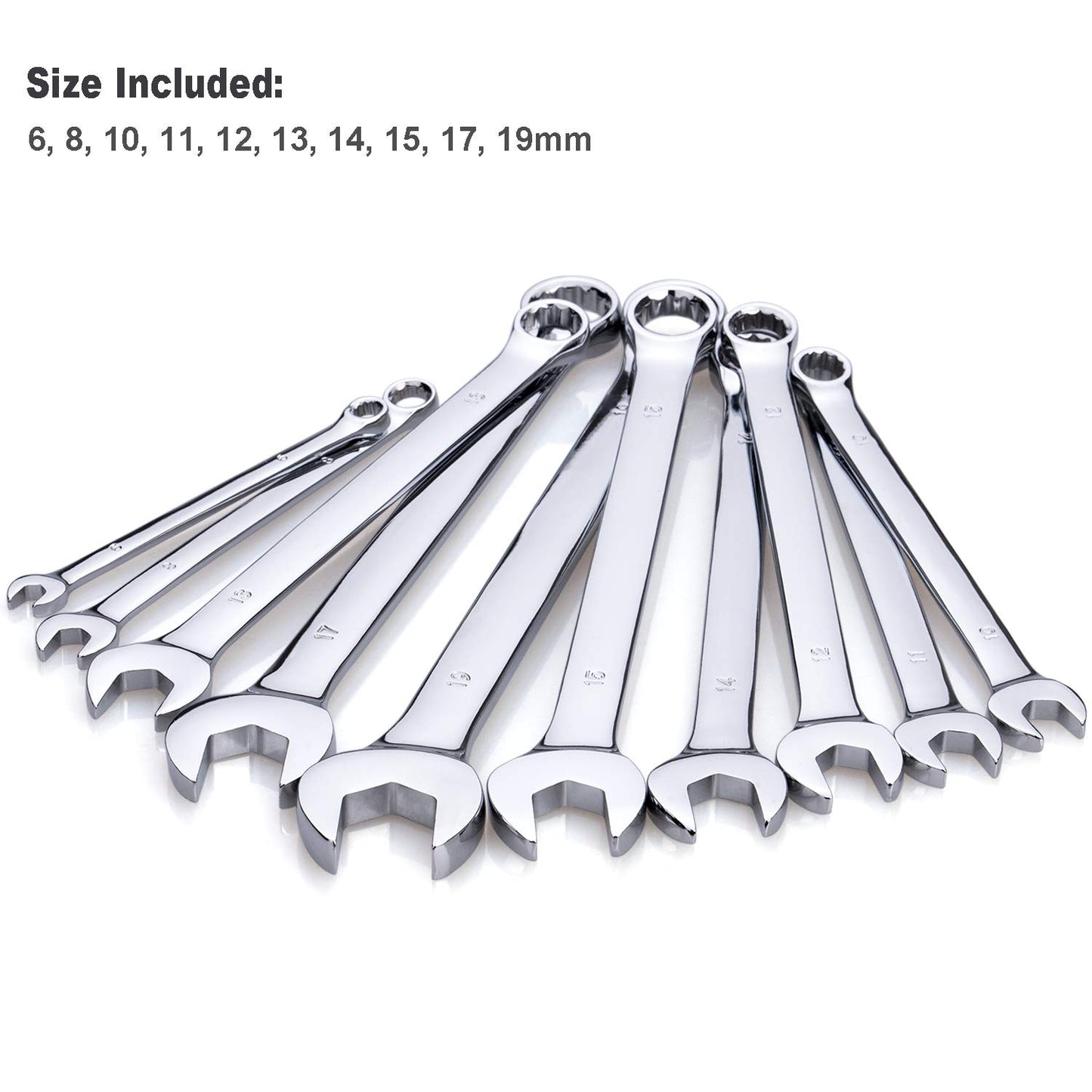 Max Torque 10-Piece Metric Combination Wrench Set, Chrome Vanadium Steel, Long Pattern, 6–19mm with Storage Rack Organizer