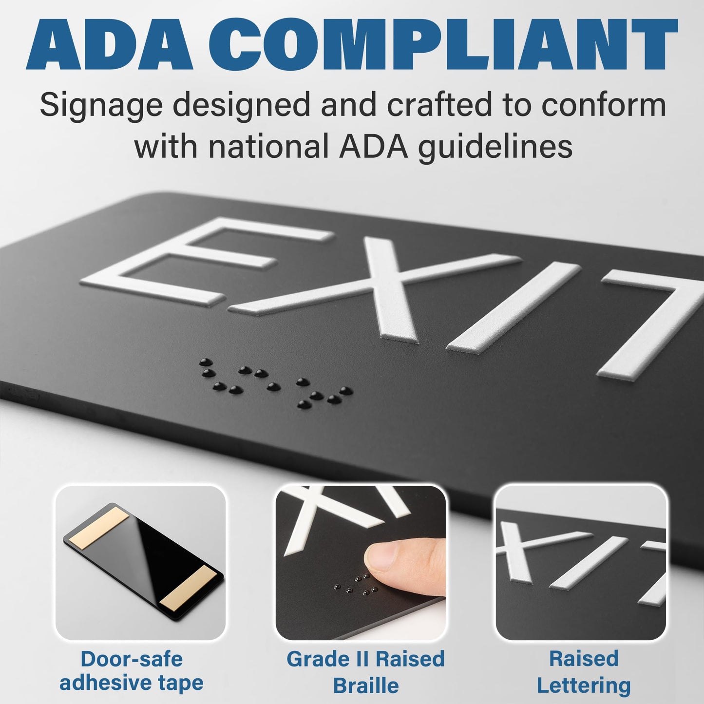 ADA Compliant Exit Sign with Braille & Raised Letters, Emergency Indoor/Outdoor Exit Sign for Office/Restroom, 3x6 in, Easy Install
