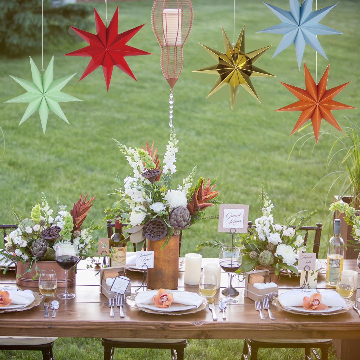 5-Pack 11.8” Gold 9-Point Paper Star Lanterns – Hanging Paper Lampshades for Christmas, Wedding, Birthday & Home Decor