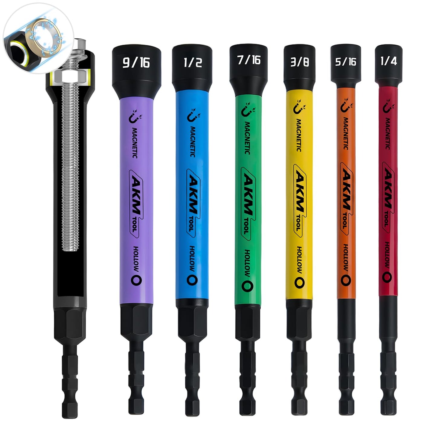 AKM TOOL 6-Piece Hollow Nut Driver Set, Magnetic SAE Hex Nut Driver, Color-Coded, 1/4–9/16", 5" Extended Reach Nut Setter