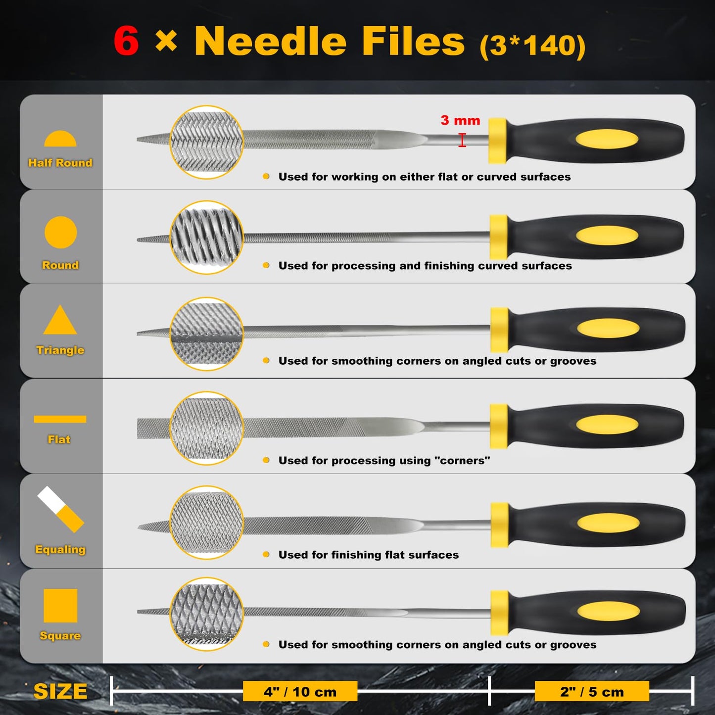 MORROWIND 6-Piece Mini Needle File Set, 0.11" x 5.51" Hardened Alloy Steel for Metal, Wood, Plastic – Flat, Round, Square, Triangle, Half-Round