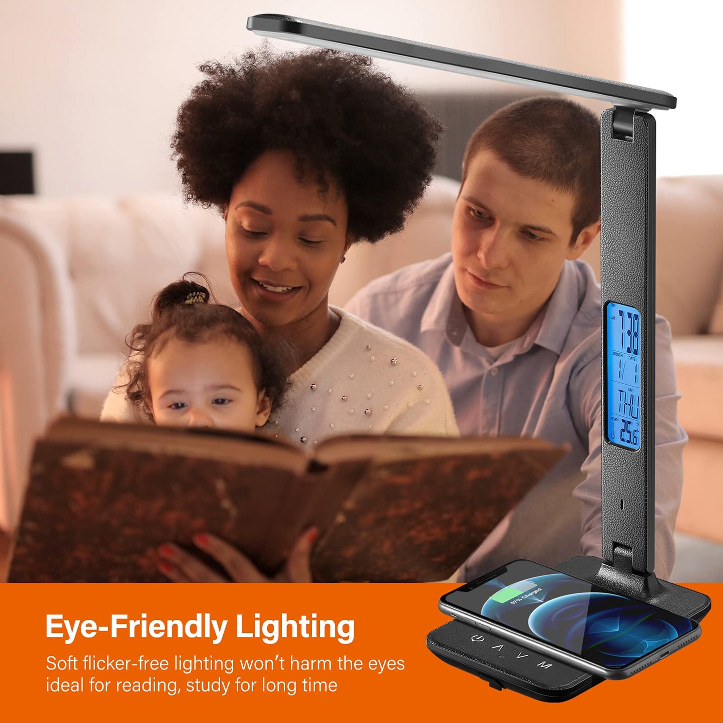 poukaran LED Desk Lamp with Wireless Charger, USB Charging Port, Table Lamp with Clock, Alarm, Date, Temperature, Desk Lamps for Home Office,Black