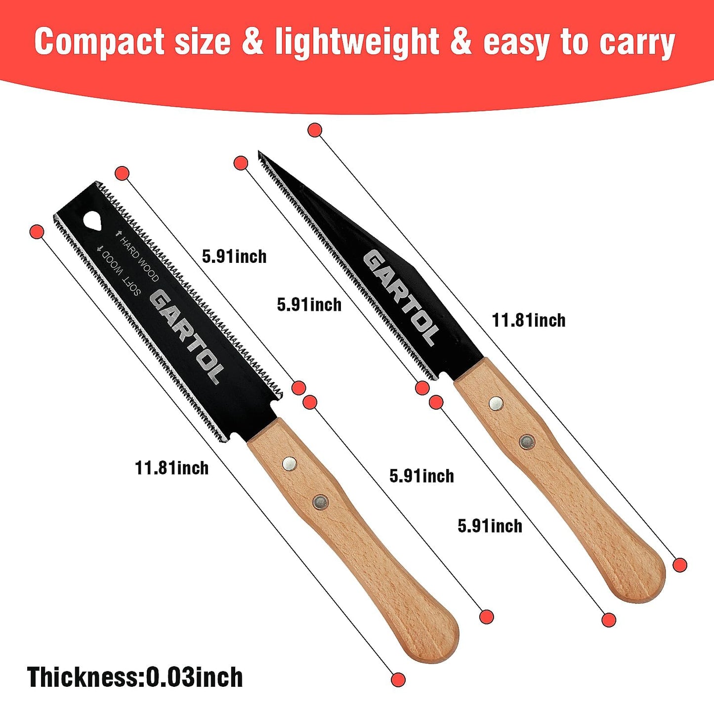 GARTOL 2-Piece Japanese Pull Saw Set – 6" Flush Cut & Double-Edged SK5 Blades with Wooden Handle for Woodworking, DIY & Carpentry