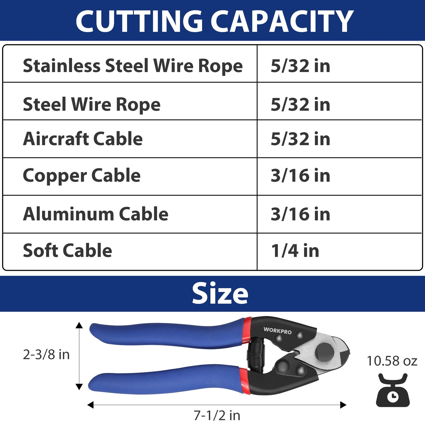 WORKPRO Cable Cutter, 7-1/2 Inch Heavy Duty Wire Rope Cutter, Chrome Vanadium Steel Jaw, For Hard Wire Ropes, Steel Wires And Aircraft Cables