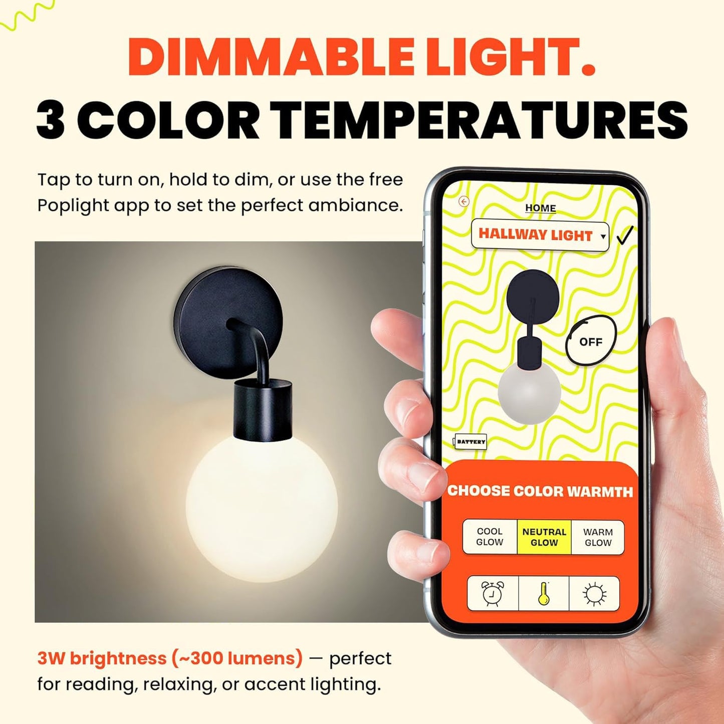 Poplight Wireless Wall Sconce (Shark Tank) – Rechargeable, Dimmable LED, App-Controlled, Moveable, Damage-Free Matte Black Ambient Light
