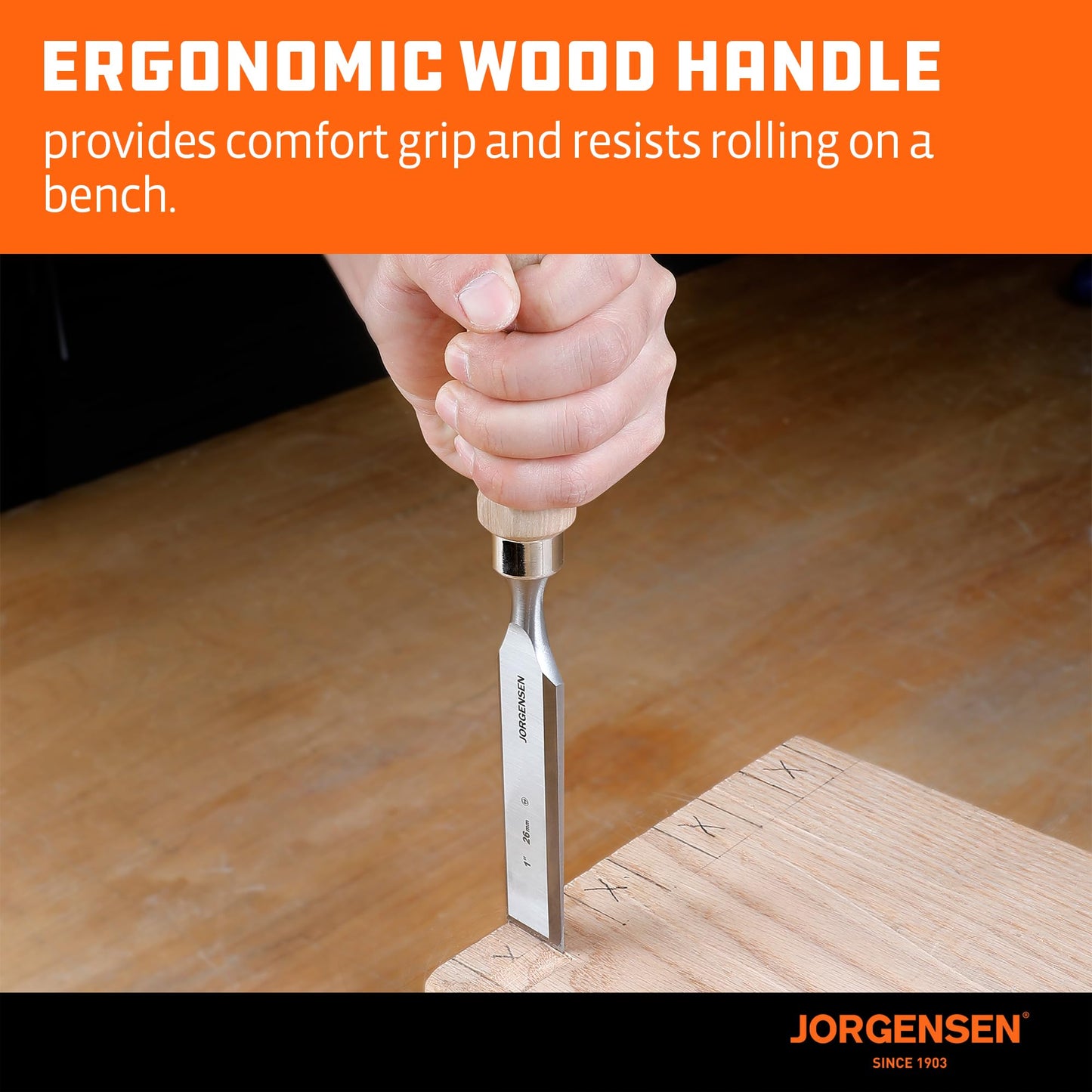 JORGENSEN 4-Piece Wood Chisel Set, Chromium Alloy Steel Beveled Edge, Ergonomic Hardwood Handles, 1/4–1 in