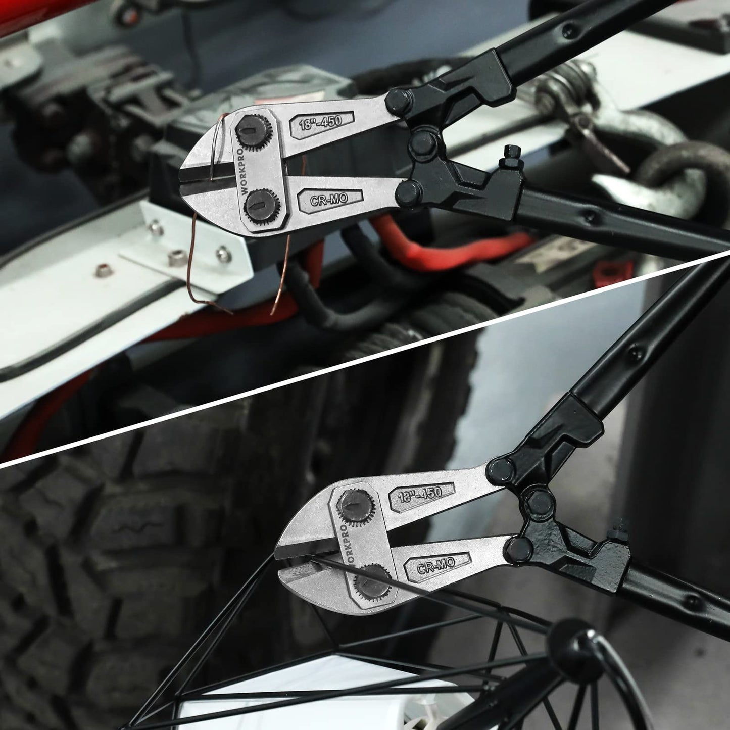 WORKPRO 18" Heavy Duty Bolt Cutter – Chrome Moly Steel, Soft Grip, Cuts Chain, Wire, Screws & Rivets, Black/Blue/Red