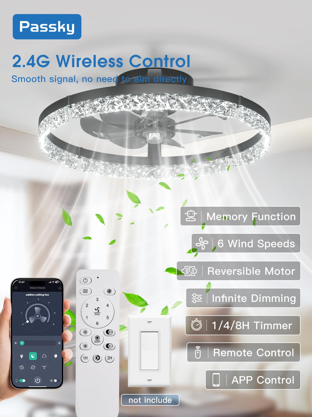 **Passky 19.7” Low Profile Ceiling Fan with Light & Remote, Dimmable LED Flush Mount, 6 Speeds, 3000K–6000K, Black Modern**