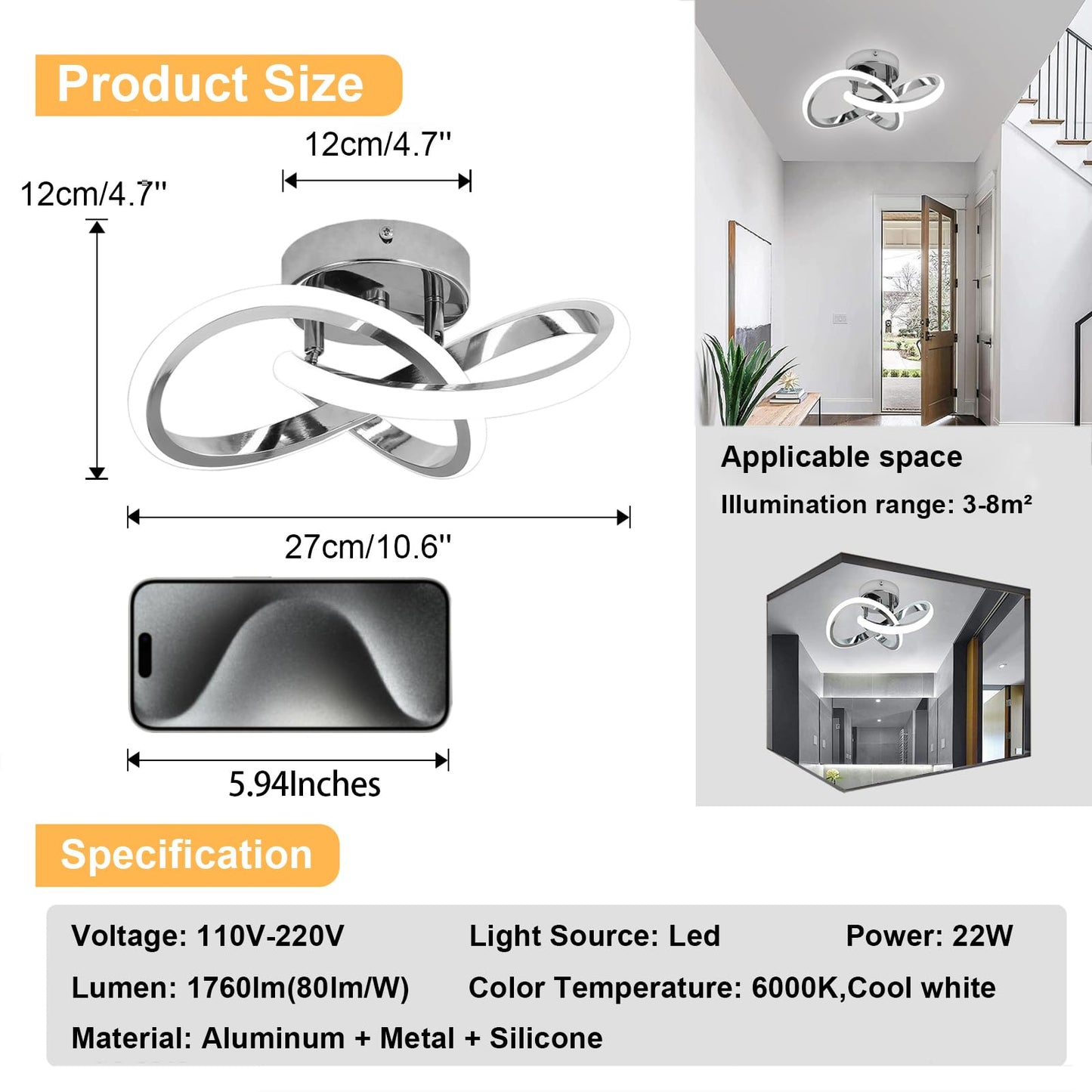 CANEOE Modern LED Ceiling Light, Cool White 6000K Acrylic Flush Mount Fixture for Hallway Bedroom Bathroom Kitchen Balcony Corridor Stair