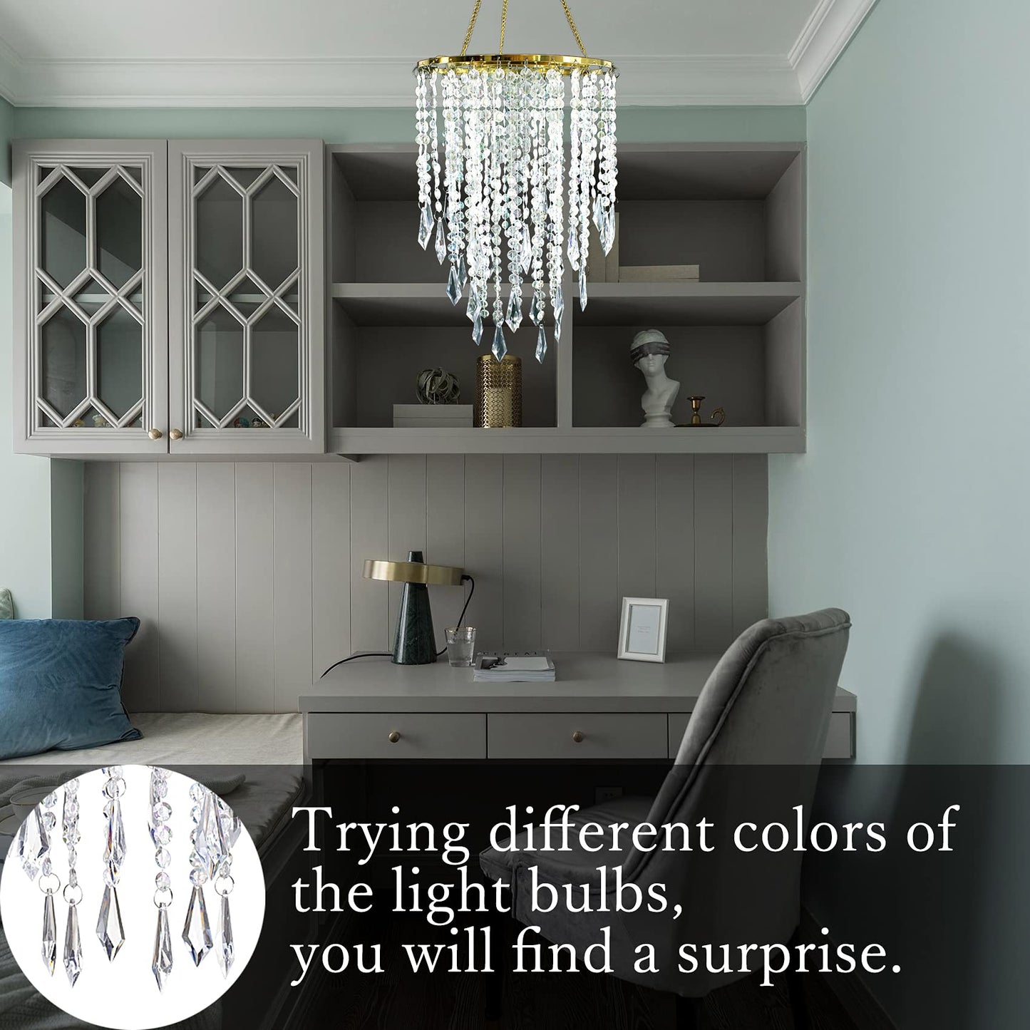 Cioceen Acrylic Chandelier Ceiling Light Shade Beaded Hanging Pendant Lampshade with Gold Frame for Bedroom for Wedding Party H12.9" X W8.7" 3 Tiers