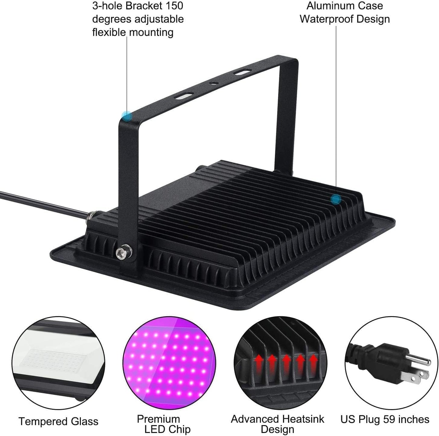 HWaySoul 2-Pack 300W LED Black Lights, Waterproof IP66 Floodlights for Parties, Halloween, Neon Glow, Body Paint & Fluorescent Posters