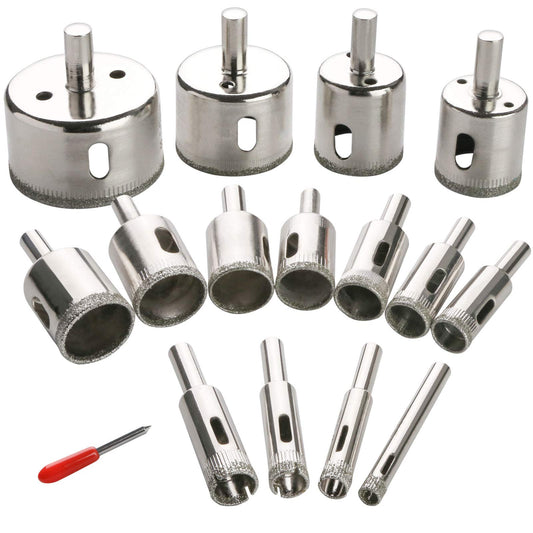 3 otters 15Piece Diamond Hole Saw Kit, (6mm-50mm / 1/4"-2") Glass & Tile Drill Bits, Ideal for Glass, Bottles, Pots, Marble, Granite Stone