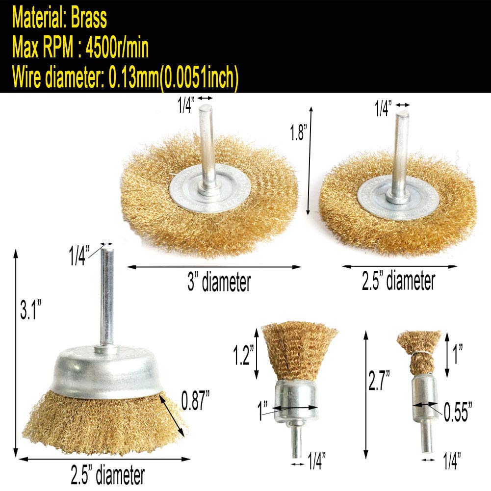 FPPO 5-Piece Brass Wire Wheel Brush Kit for Drill, 1/4" Shank, 0.13mm Crimped Cup Brushes for Cleaning & Deburring, Scratch-Resistant