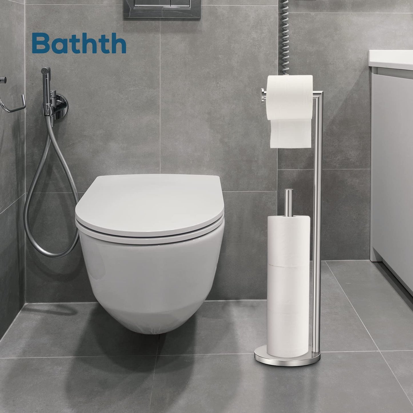 Toilet Paper Holder Stand, Toilet Paper Stand Brushed Nickel, Free Standing Toilet Paper Holder, Toilet Paper Storage by Bathth