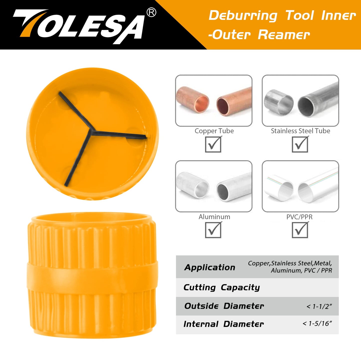 TOLESA Heavy Duty Pipe Cutter 3/16–2" (5–50mm) with Deburring Tool, Sharp Copper Tube Cutter for Stainless Steel, Aluminum & Brass