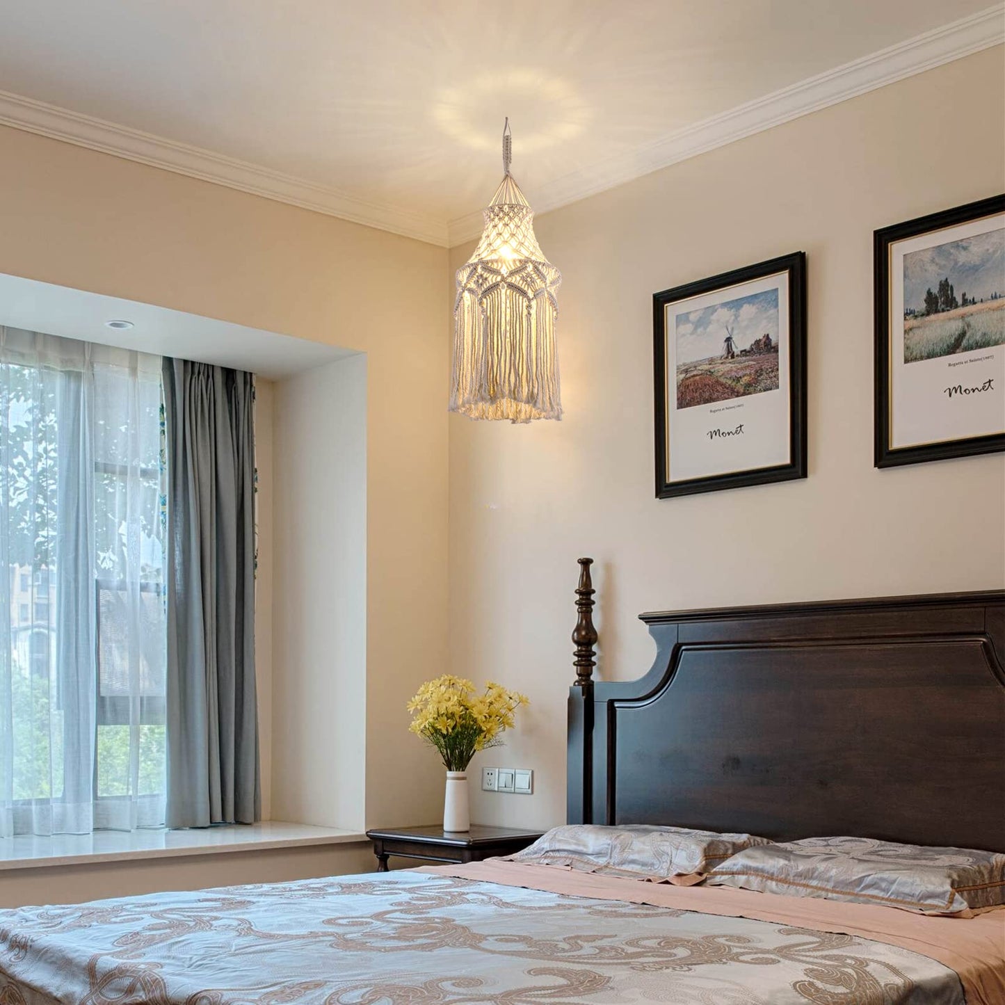 FLSFU Boho Macrame Pendant Lamp, Plug-In Hanging Light with Cord & Switch, Bohemian Wall Outlet Fixture for Bedroom & Living Room