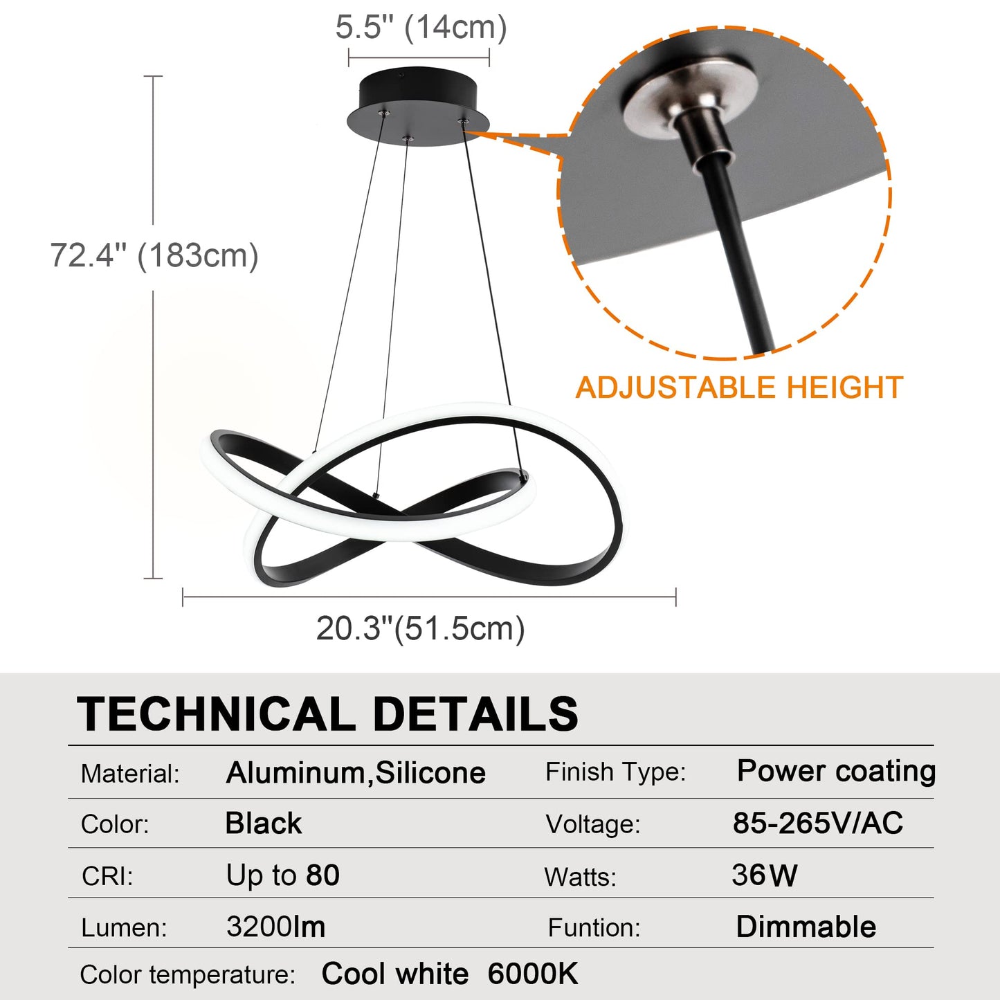 MAYNA Modern LED Pendant Light, Irregular Ring Chandelier, Adjustable Contemporary Fixture for Dining, Kitchen, Living Room, Bedroom, 6000K