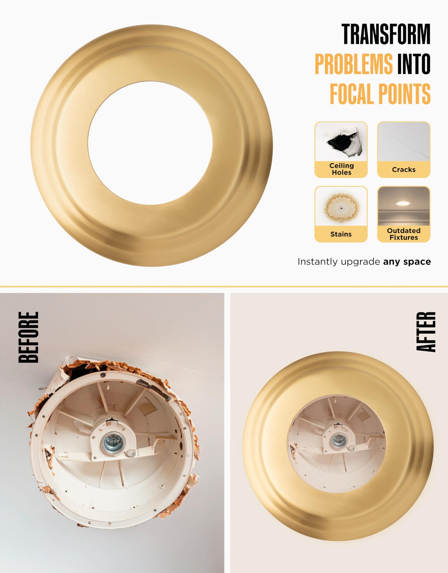 Can Converter Ceiling Medallion for 5"-6" Recessed Lights – Decorative Steel Beveled Goof Ring & Cover Plate, Brushed Brass