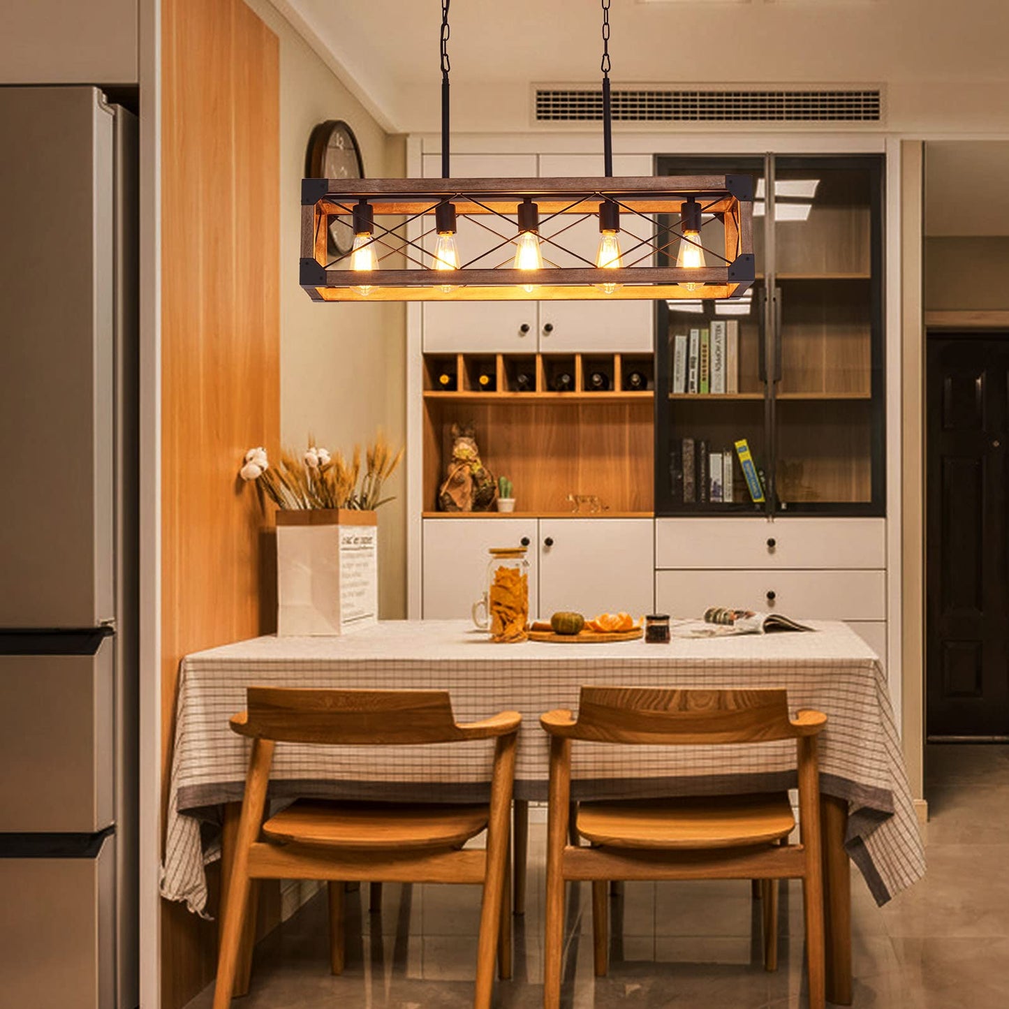 Airposta 33.5" 5-Light Farmhouse Kitchen Island Chandelier, Rustic Wood Grain Industrial Pendant Light for Dining & Pool Table