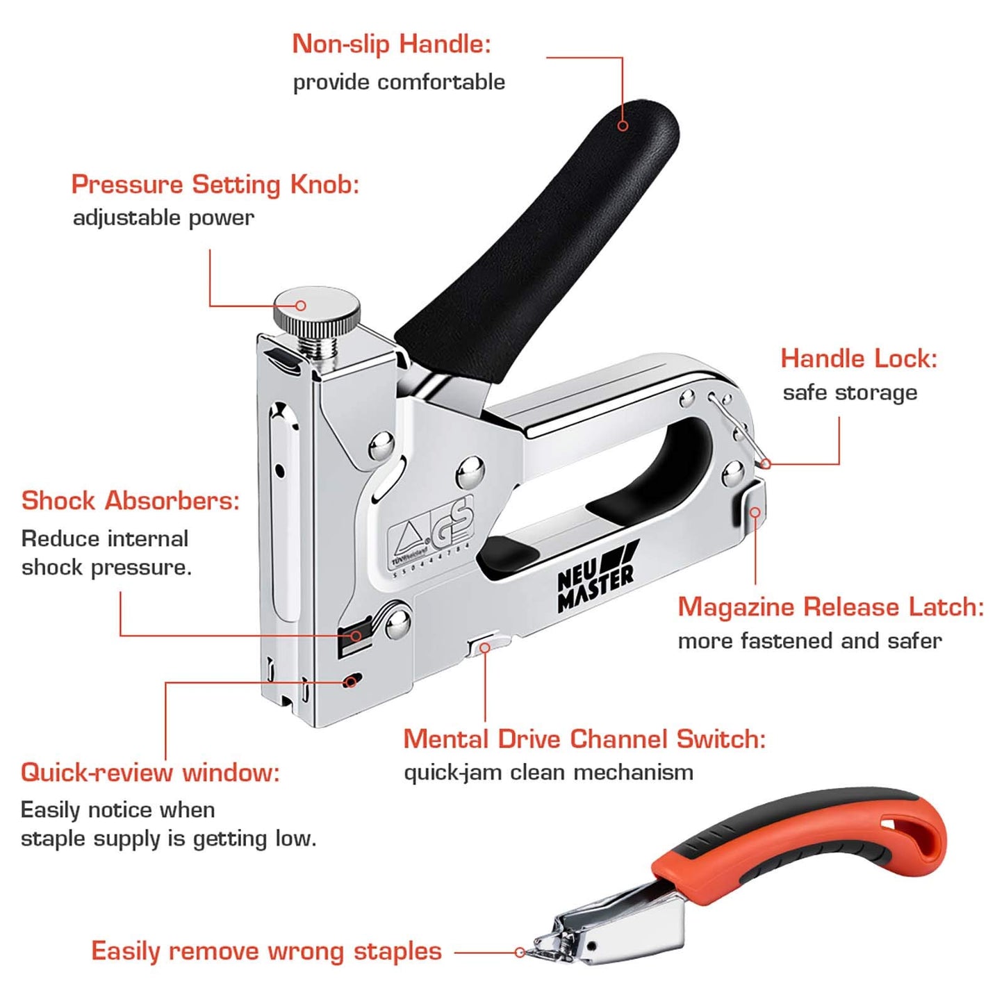 NEU MASTER 3-in-1 Heavy Duty Manual Staple Gun with Remover & 2000 Staples for Upholstery, Carpentry, Furniture, DIY, Decoration
