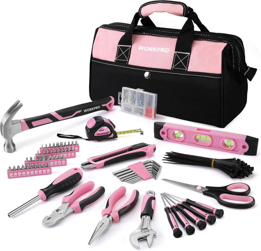 WORKPRO Pink Tool Kit, 263-Piece Home Repairing Tool Set with Wide Mouth Open Storage Bag, Household Tool Kit - Pink Ribbon