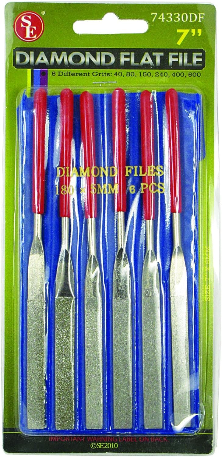 SE 74330DF 6-Piece Diamond Grit File Set, Multi-Grit Flat Files for Metal Glass Stone, 7″ Length, 2″ Diamond Surface, Round Handles, PVC Pouch