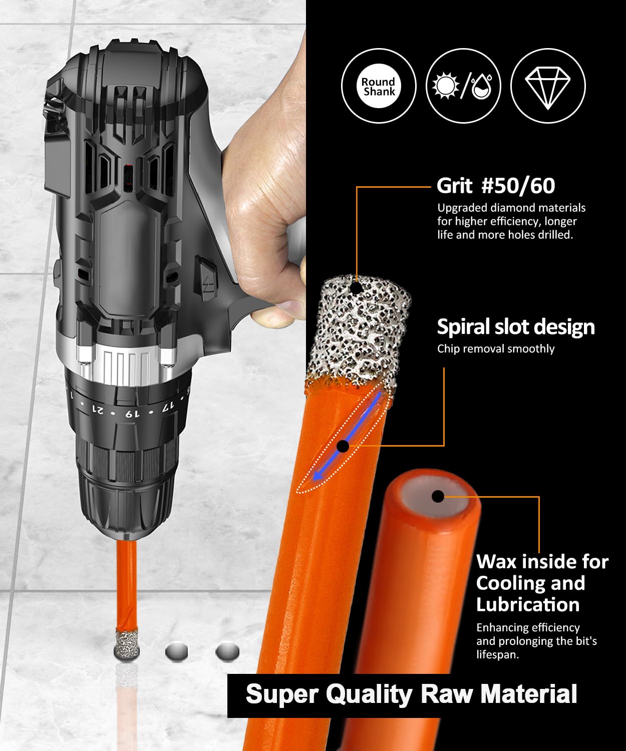 BGTEC 10-Piece 1/4" Diamond Drill Bit Set – Vacuum Brazed Core Bits for Granite, Marble, Tile, Glass, Concrete & Hard Plastic