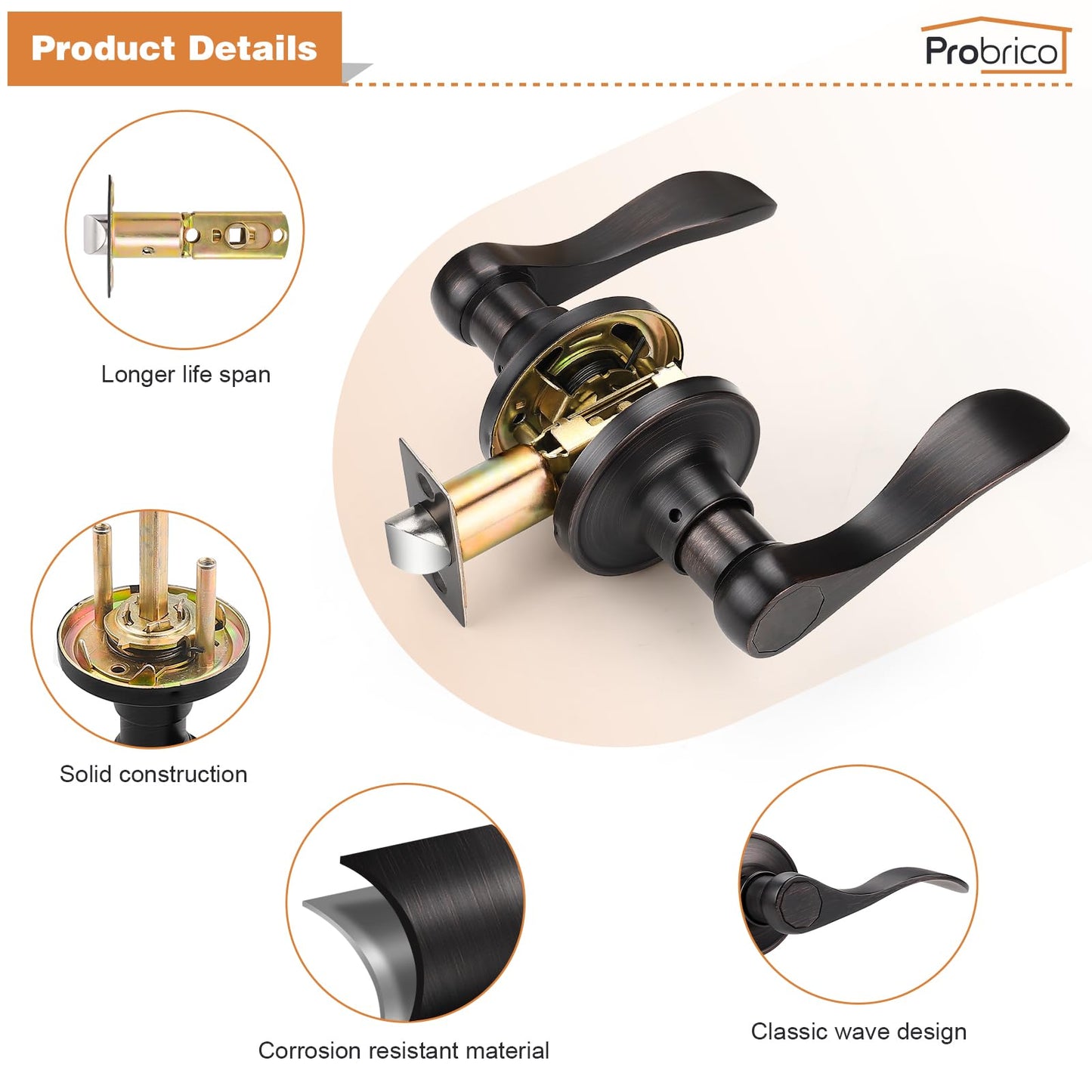 Probrico Passage Hall Closet Door Lever Handle Lockset Keyless Oil Rubbed Bronze Leversets 6 Pack