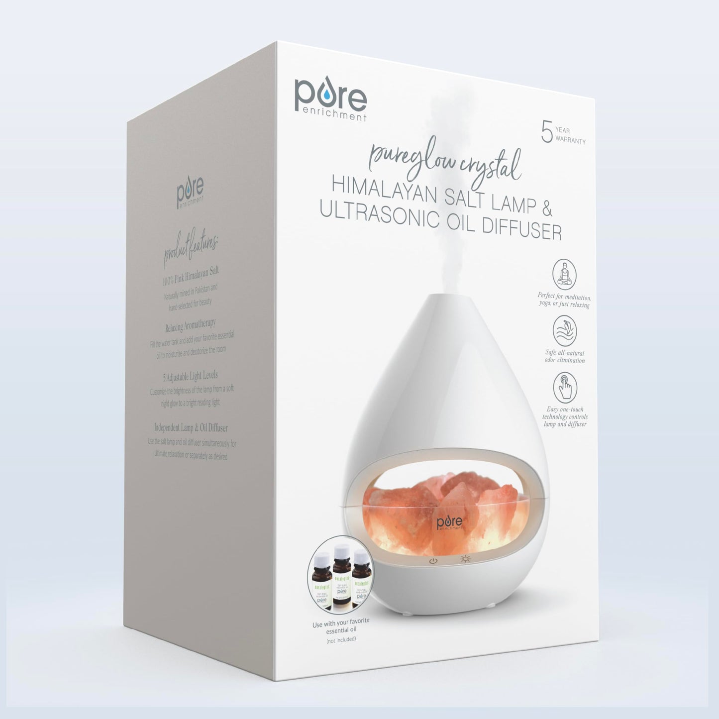 Pure Enrichment PureGlow Crystal 2-in-1 Himalayan Salt Lamp & Ultrasonic Essential Oil Diffuser, 160ml, 16-Hour Glow, White