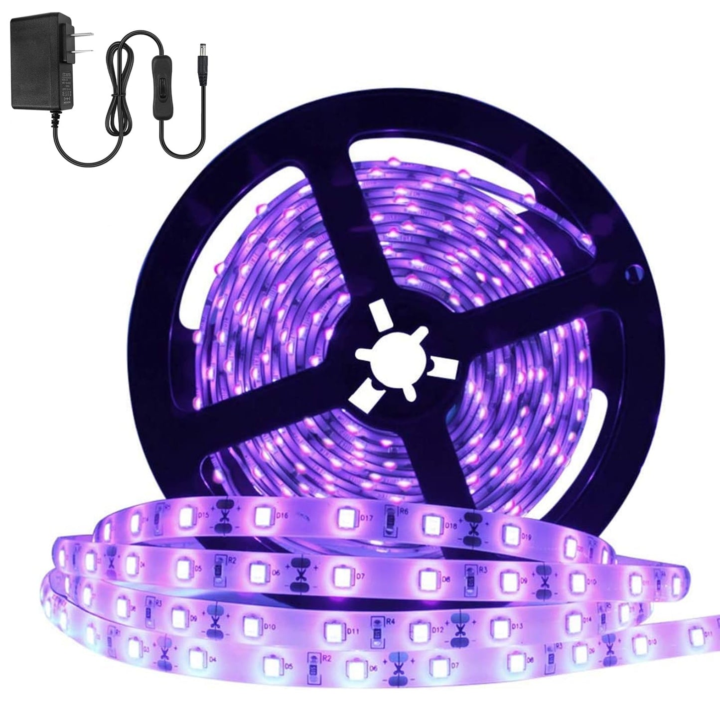 YGS-Tech 24W UV Black Light LED Strip 16.4FT (5M), 300 LEDs 395–405nm, Non-Waterproof Blacklight with Power Supply
