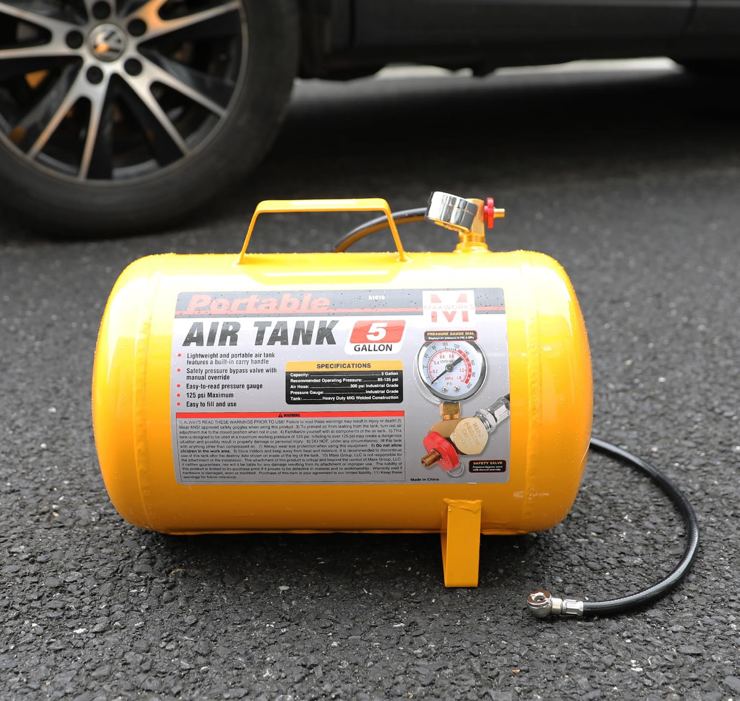 MaxWorks 51010 5 Gallon Portable Air Tank with Pressure Gauge, Safety Valve & 40" Hose, Lightweight Durable, 140 PSI Max